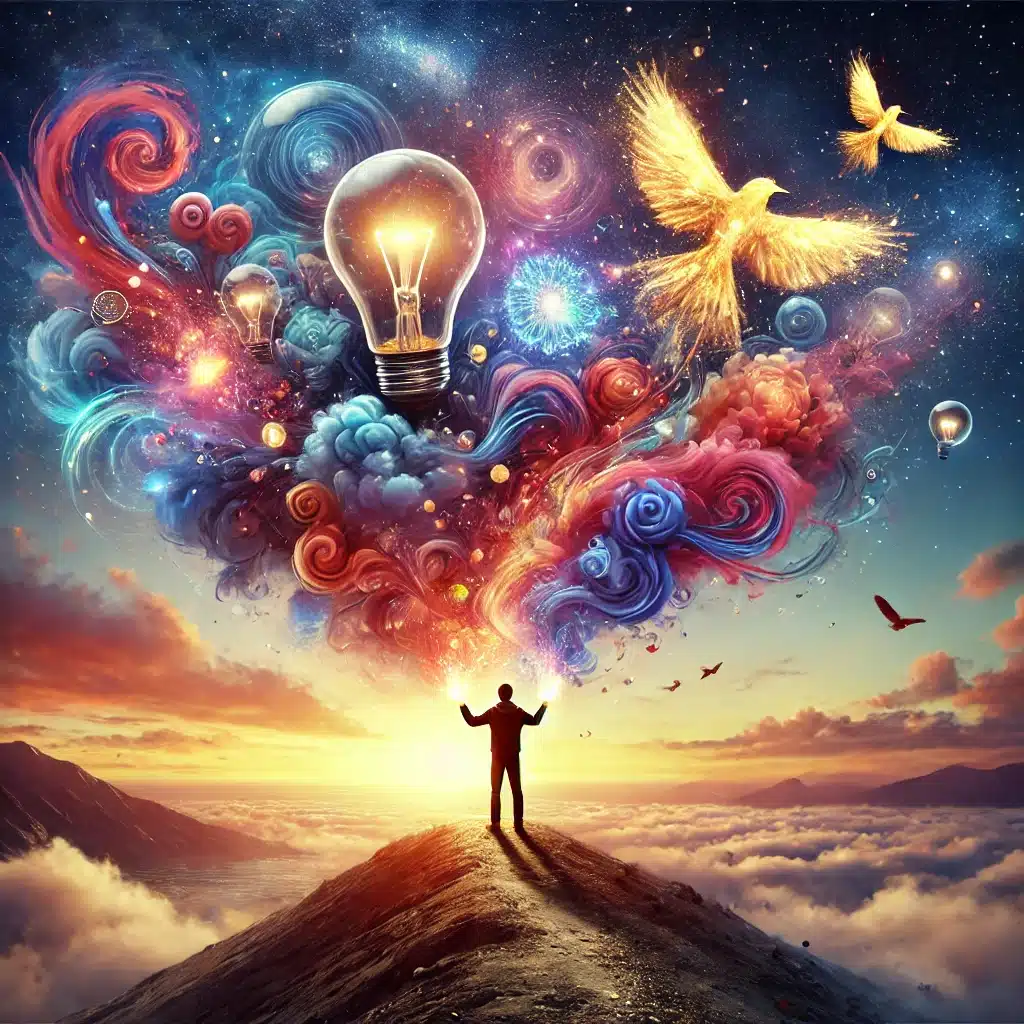 DALL·E 2025 02 08 12.34.12 A surreal illustration of inspiration taking physical form. A person stands on a mountaintop at sunrise their head bursting with swirling galaxies f