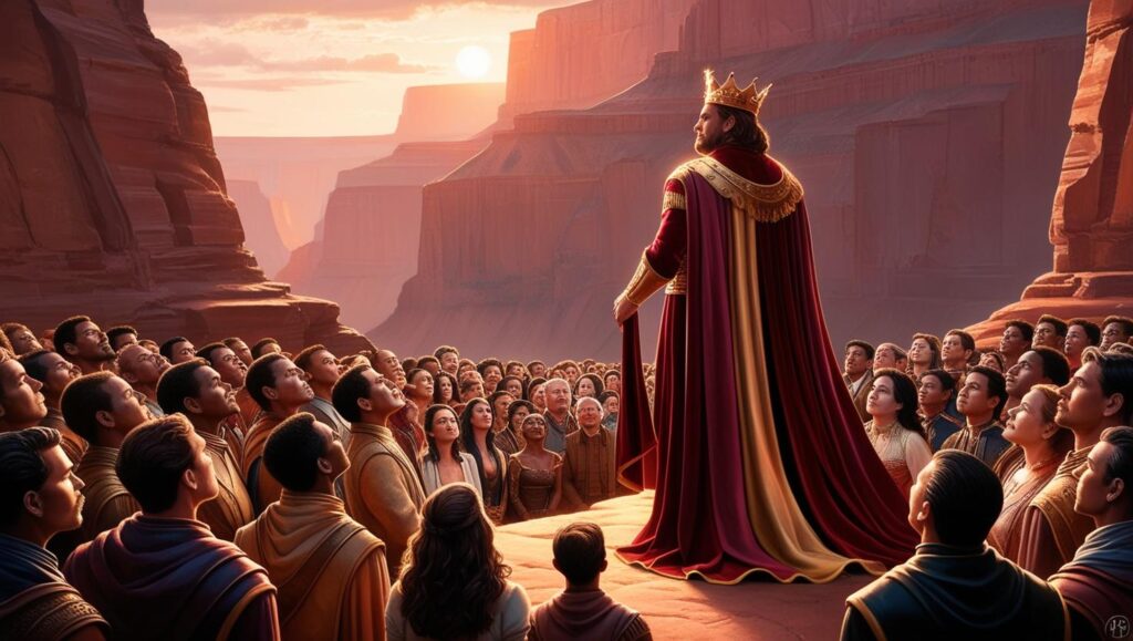a king in front of a canyon with people around him listening. 1