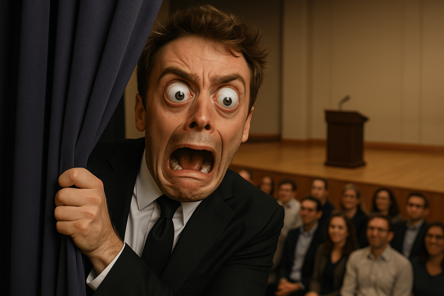 public speaking fear. Nervous speaker peeking from curtain