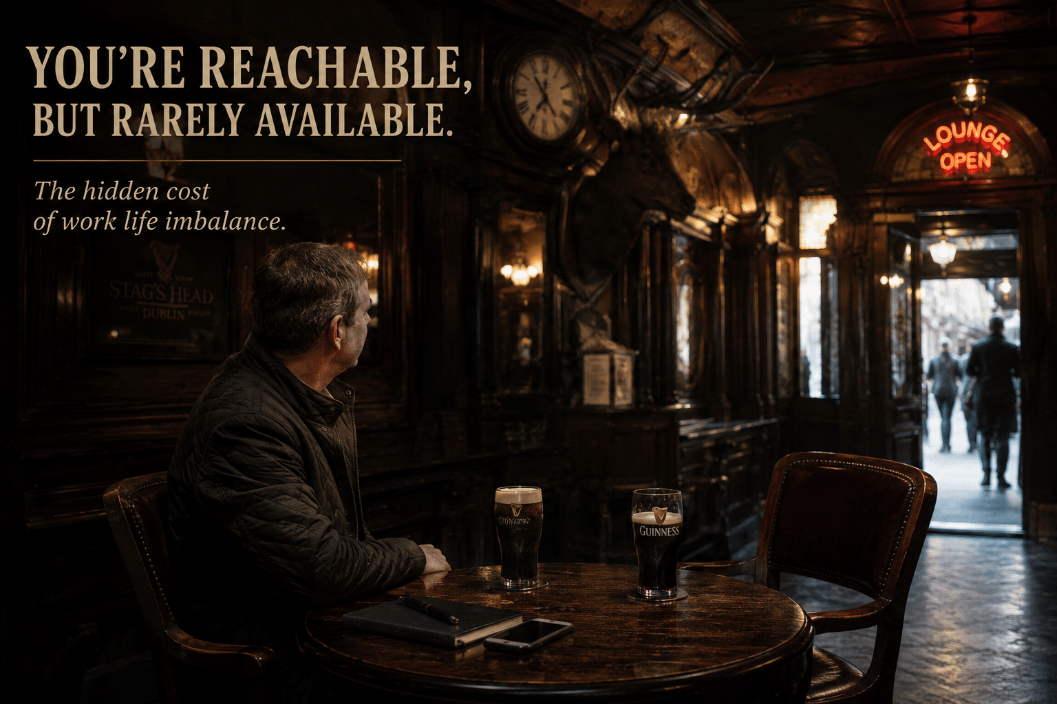 Man sitting alone in a Dublin pub reflecting on work life imbalance, availability, presence, and the hidden cost of being too busy