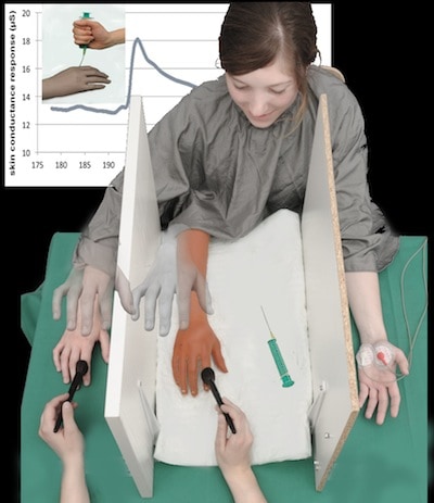 Illustration of the Rubber Hand Illusion connecting an artificial hand with the concept of cross-functional team alignment